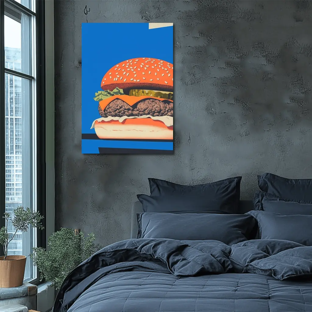 Cheeseburger Pop Art Blue Background – Wall Art