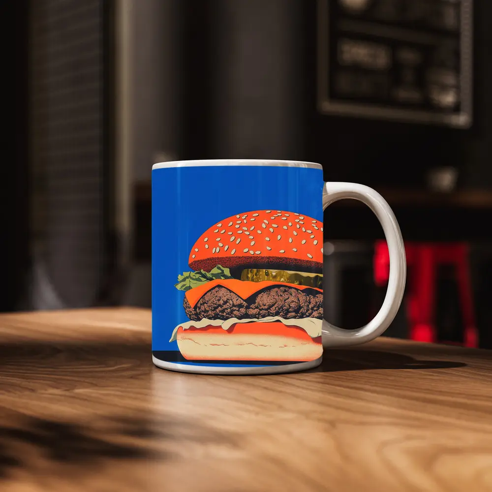 Cheeseburger Pop Art Blue Background – Mugs