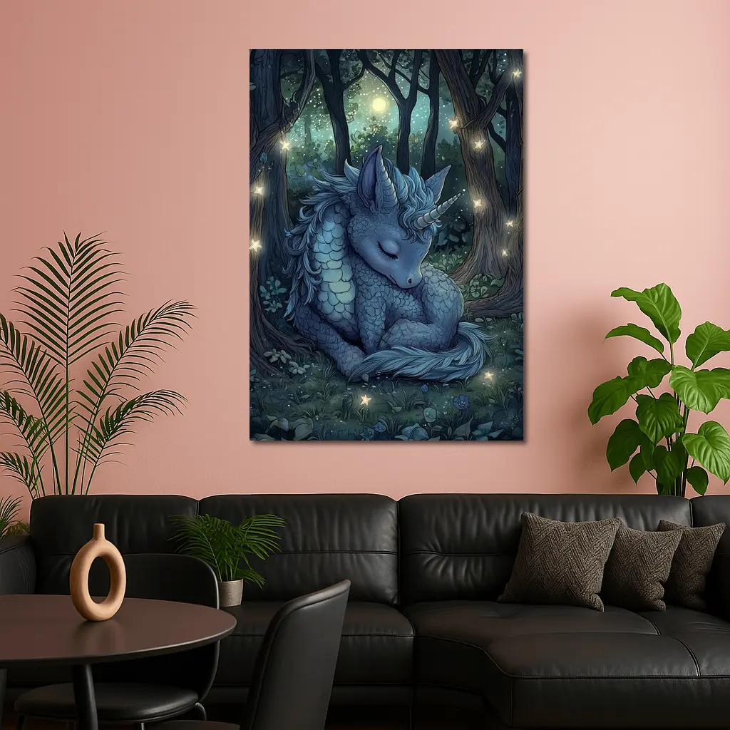 Sleeping Dragon Unicorn Glowing Enchanted Forest – Wall Art