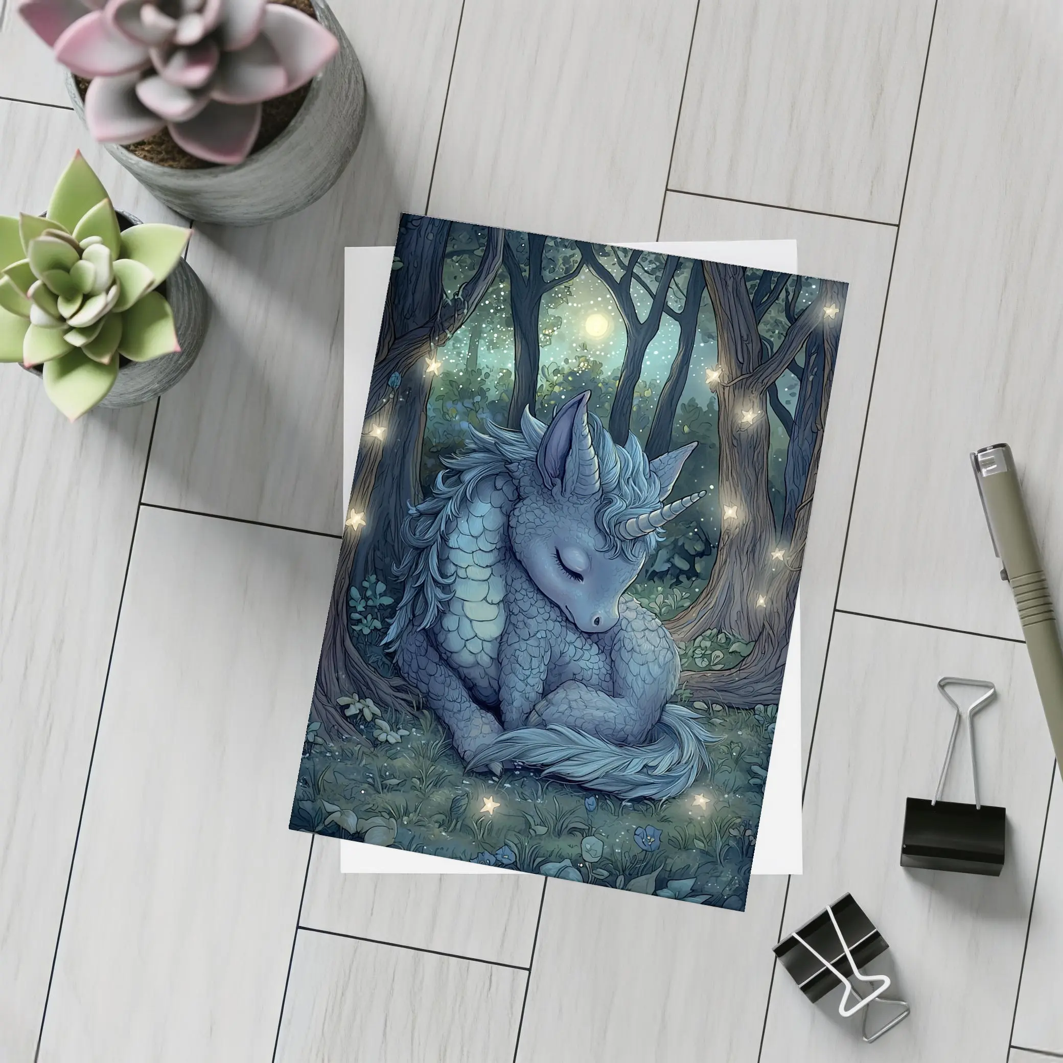 Sleeping Dragon Unicorn Glowing Enchanted Forest – Postcards