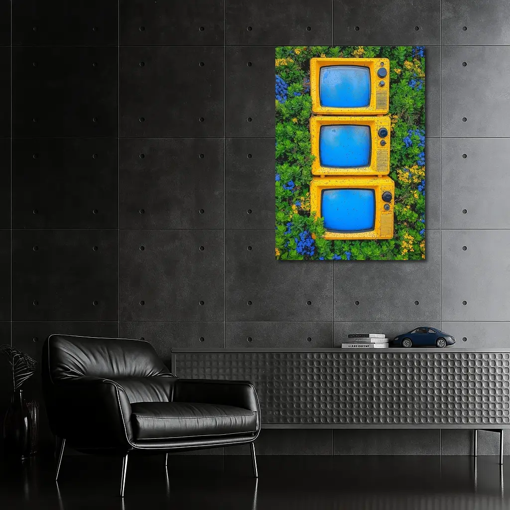 Yellow Retro TVs Stacked Among Wildflowers – Wall Art