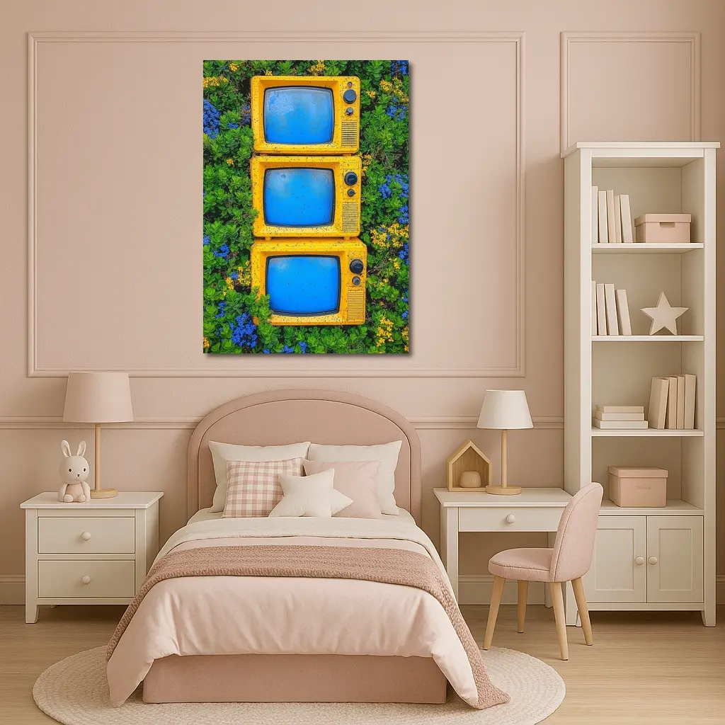 Yellow Retro TVs Stacked Among Wildflowers – Wall Art