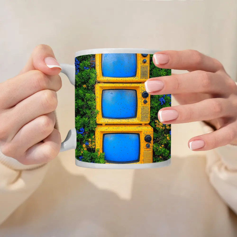 Yellow Retro TVs Stacked Among Wildflowers – Mugs