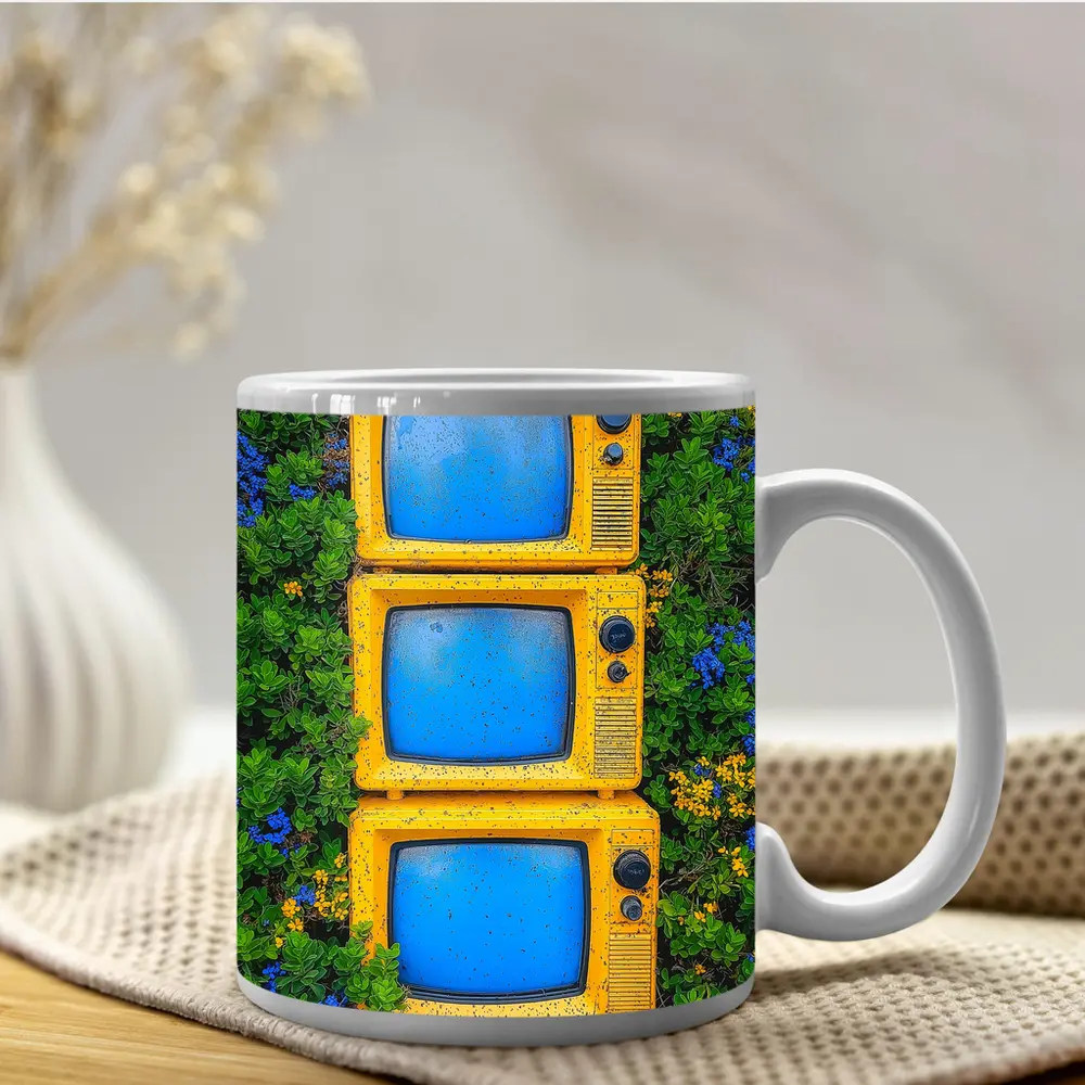 Yellow Retro TVs Stacked Among Wildflowers – Mugs