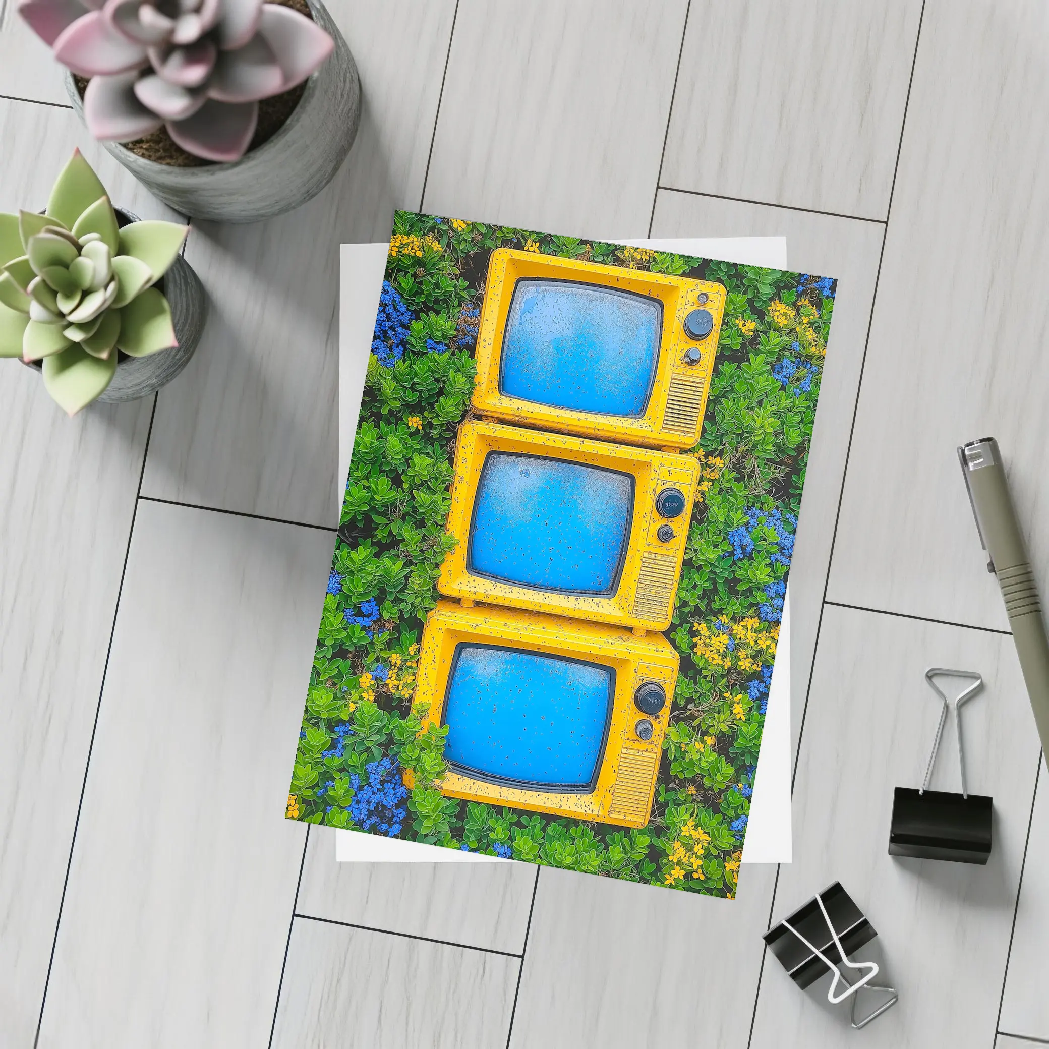 Yellow Retro TVs Stacked Among Wildflowers – Postcards
