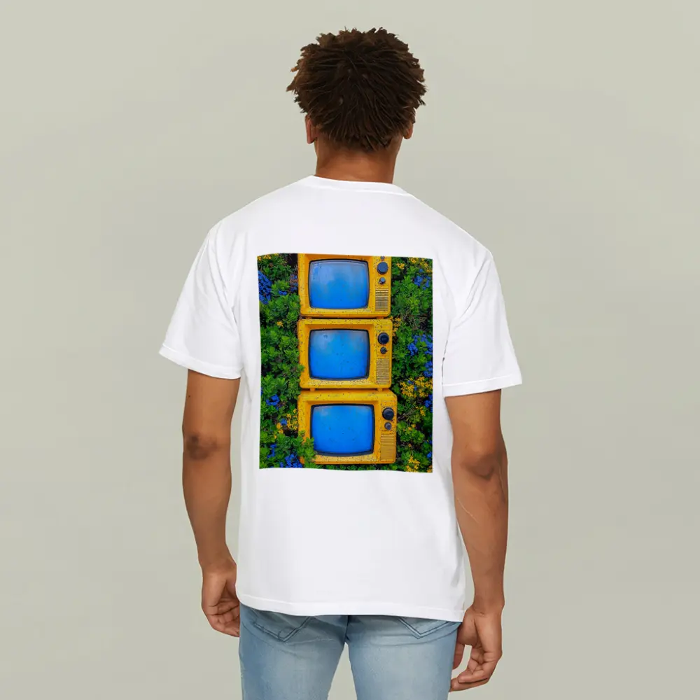 Yellow Retro TVs Stacked Among Wildflowers – T-Shirts