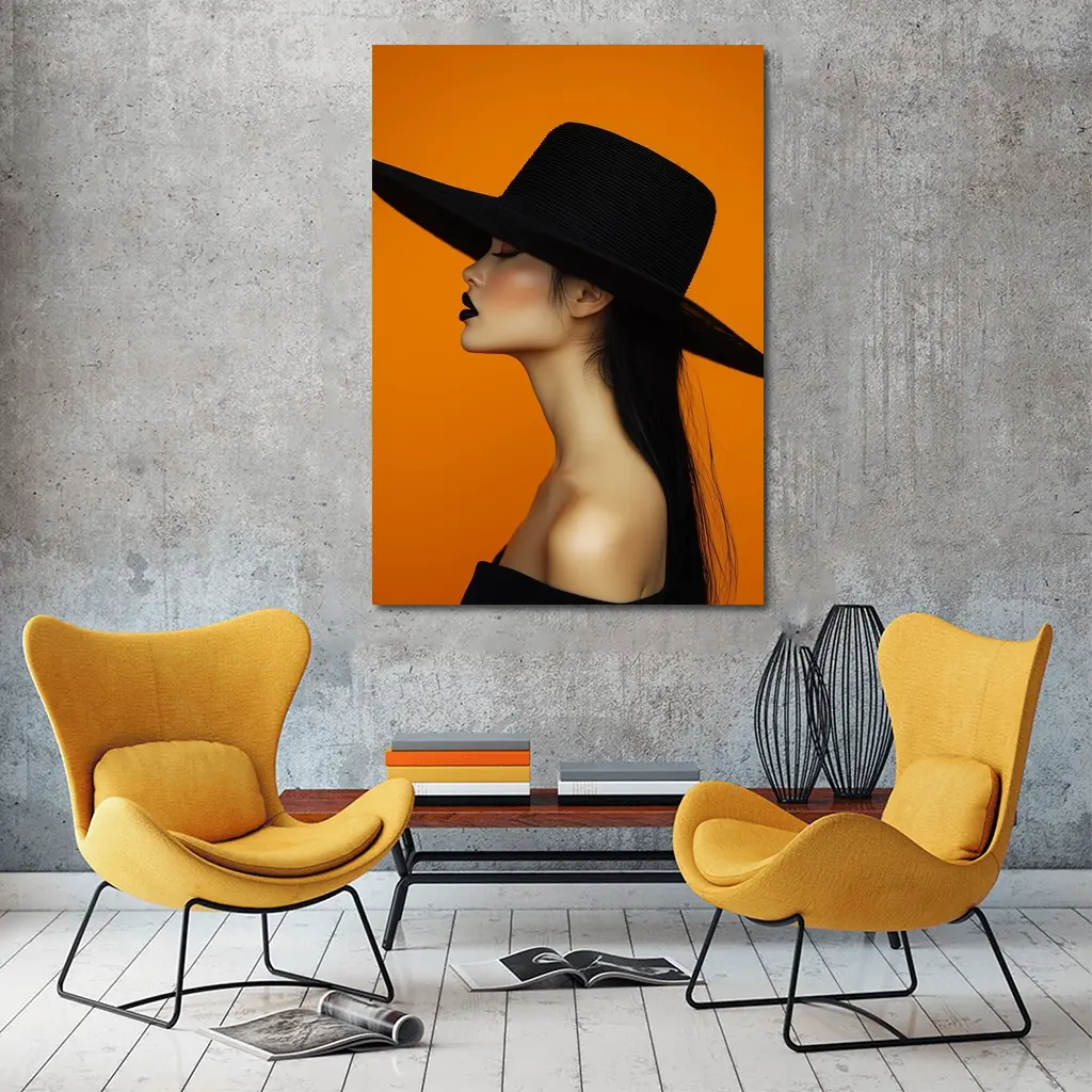 Woman Black Hat Orange Background Fashion Portrait – Wall Art