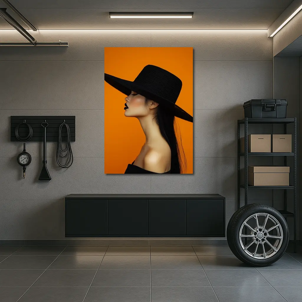 Woman Black Hat Orange Background Fashion Portrait – Wall Art