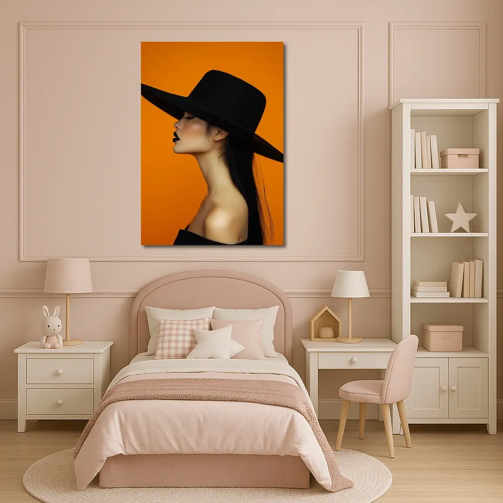 Woman Black Hat Orange Background Fashion Portrait – Wall Art