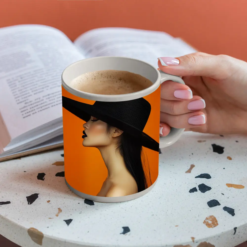 Woman Black Hat Orange Background Fashion Portrait – Mugs