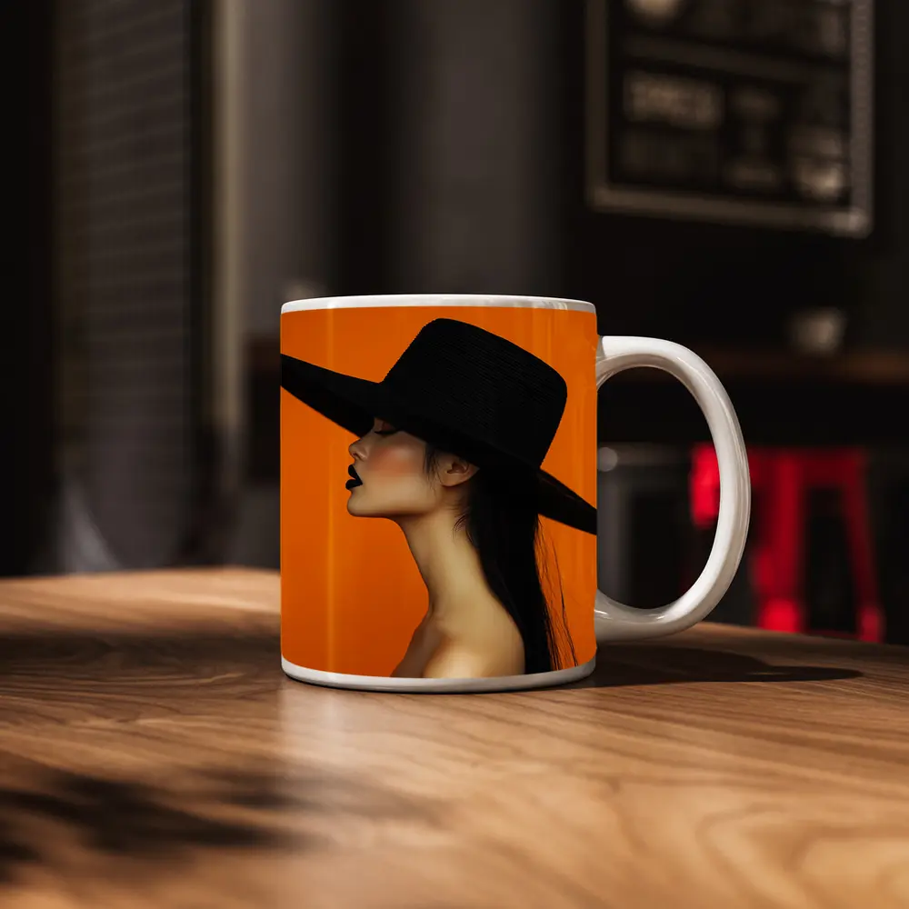 Woman Black Hat Orange Background Fashion Portrait – Mugs
