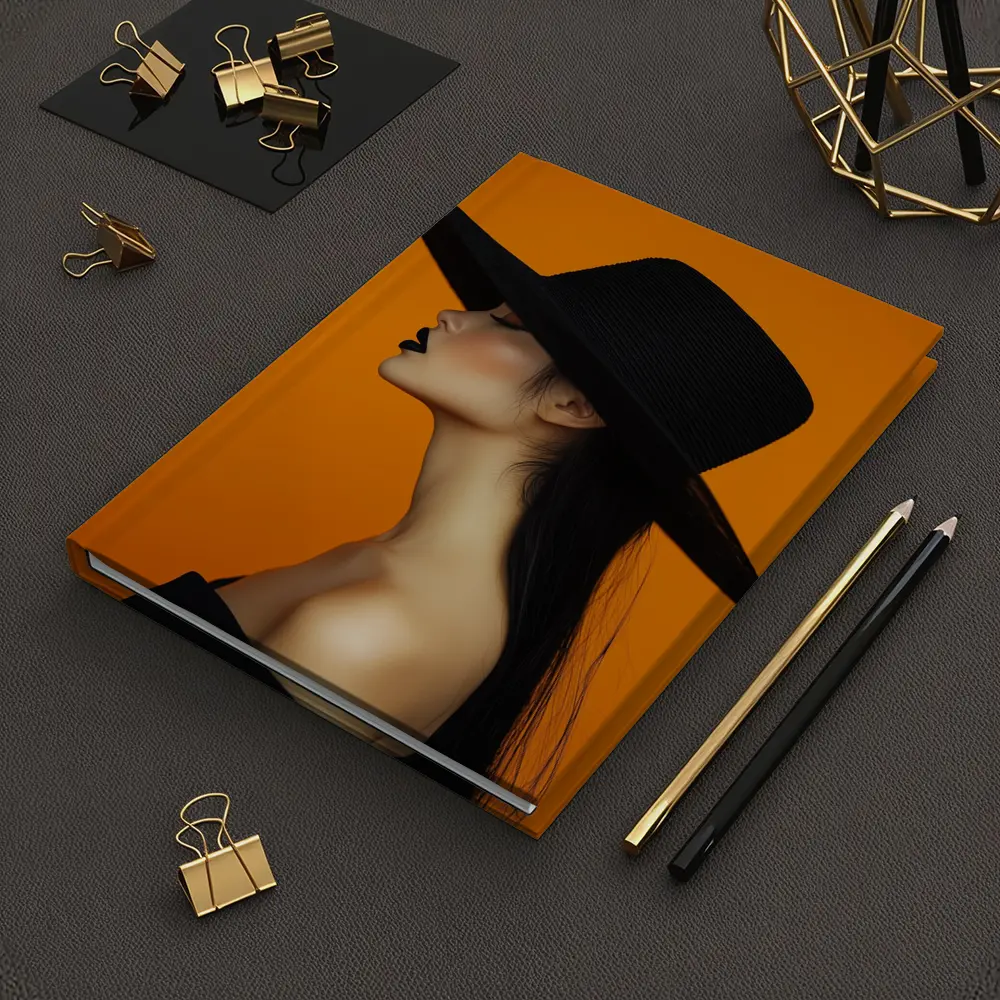 Woman Black Hat Orange Background Fashion Portrait – Notebooks