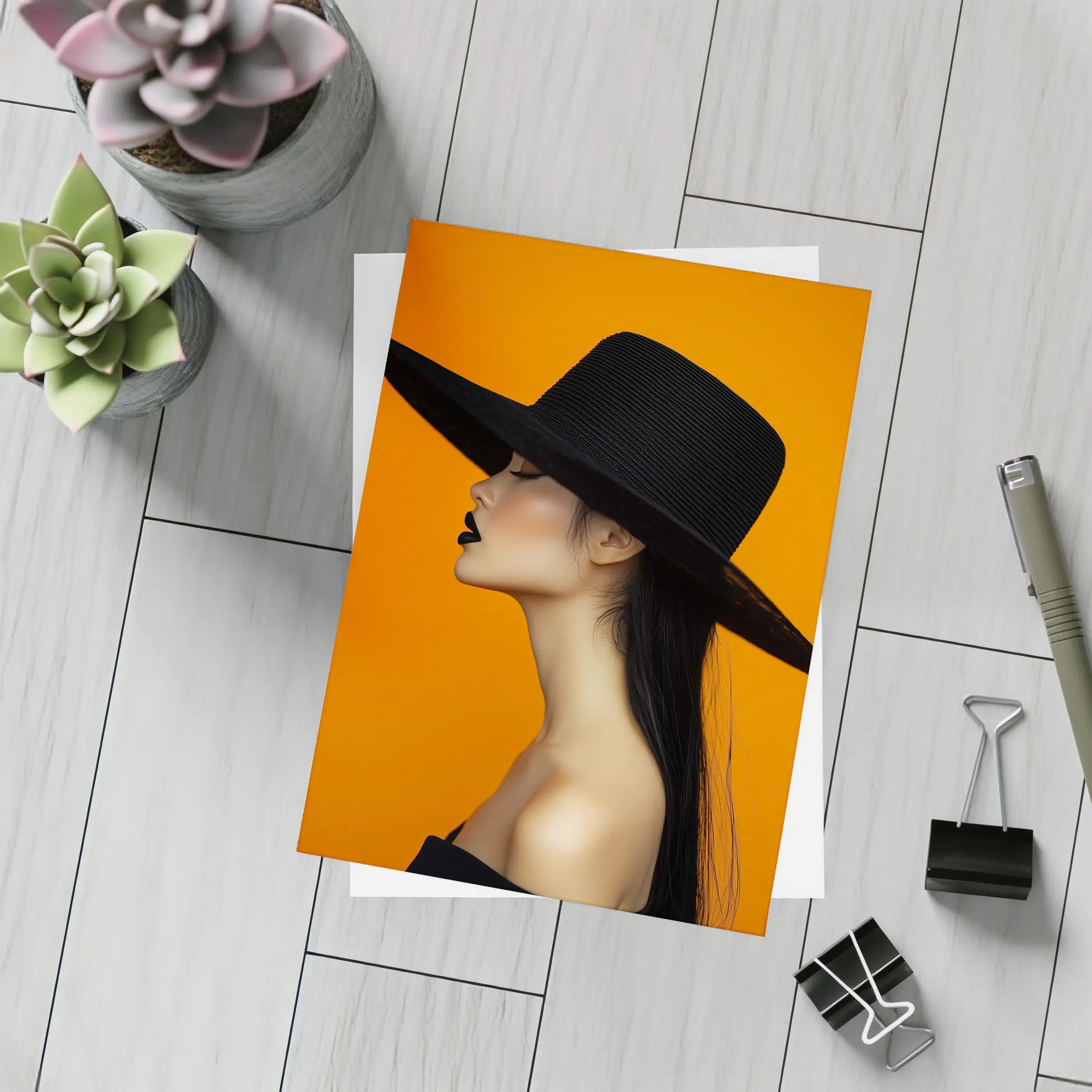 Woman Black Hat Orange Background Fashion Portrait – Postcards