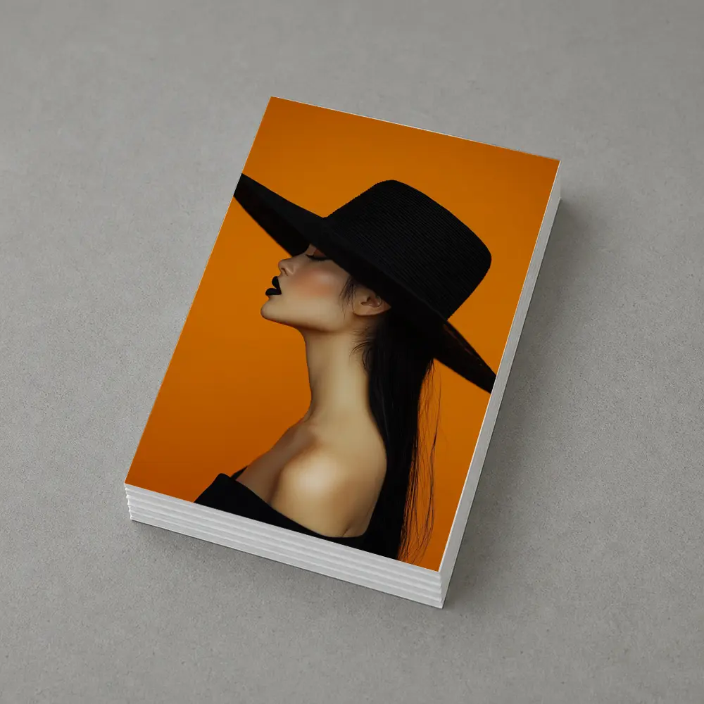 Woman Black Hat Orange Background Fashion Portrait – Postcards