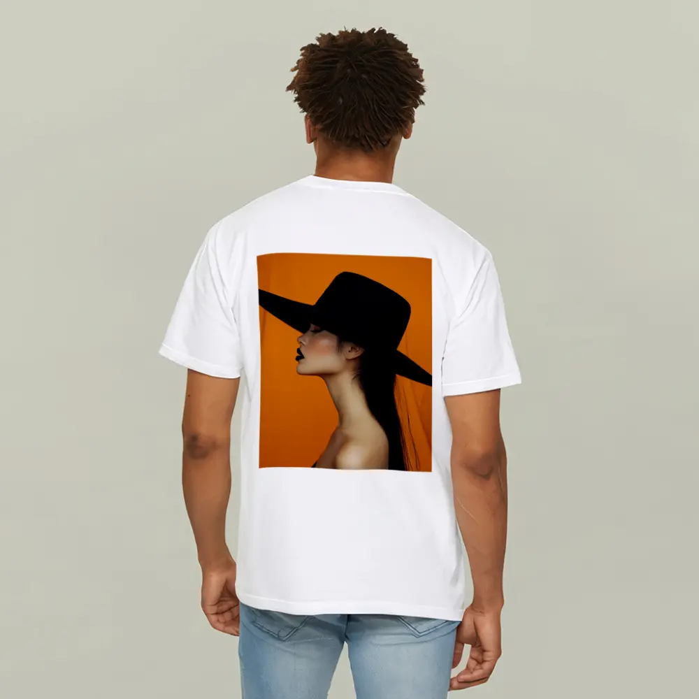 Woman Black Hat Orange Background Fashion Portrait – T-Shirts