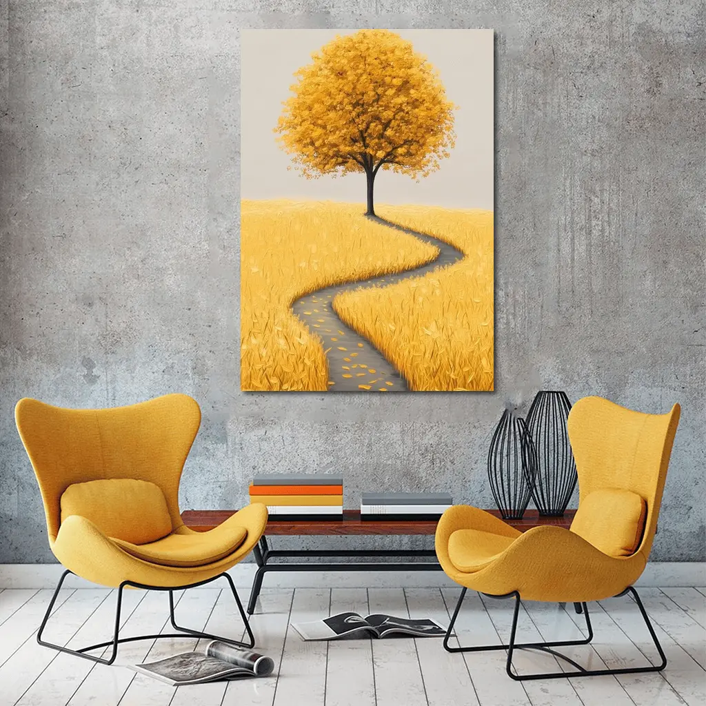 Golden Tree Winding Path Yellow Field – Wall Art