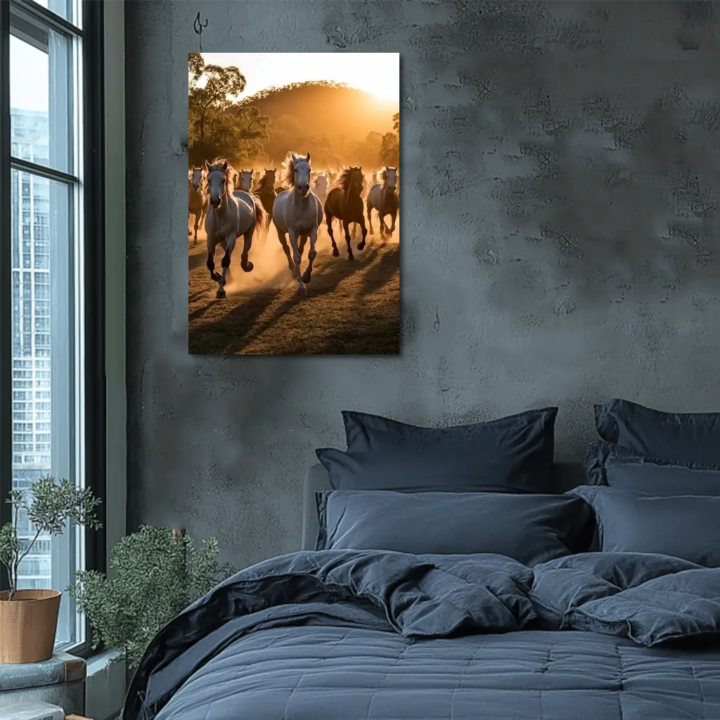 Wild Horses Running at Golden Sunset – Wall Art