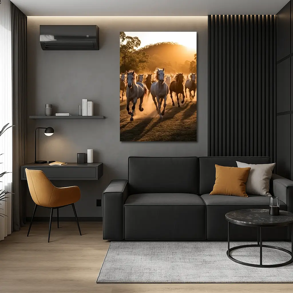 Wild Horses Running at Golden Sunset – Wall Art