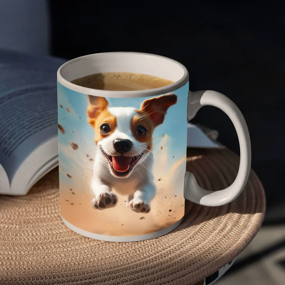 Jack Russell Puppy Running Sandy Blue Sky – Mugs