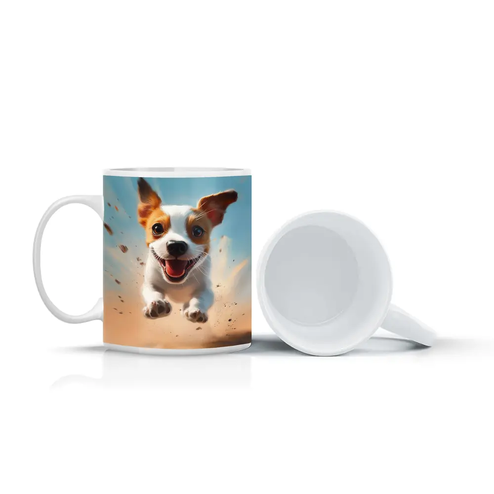 Jack Russell Puppy Running Sandy Blue Sky – Mugs