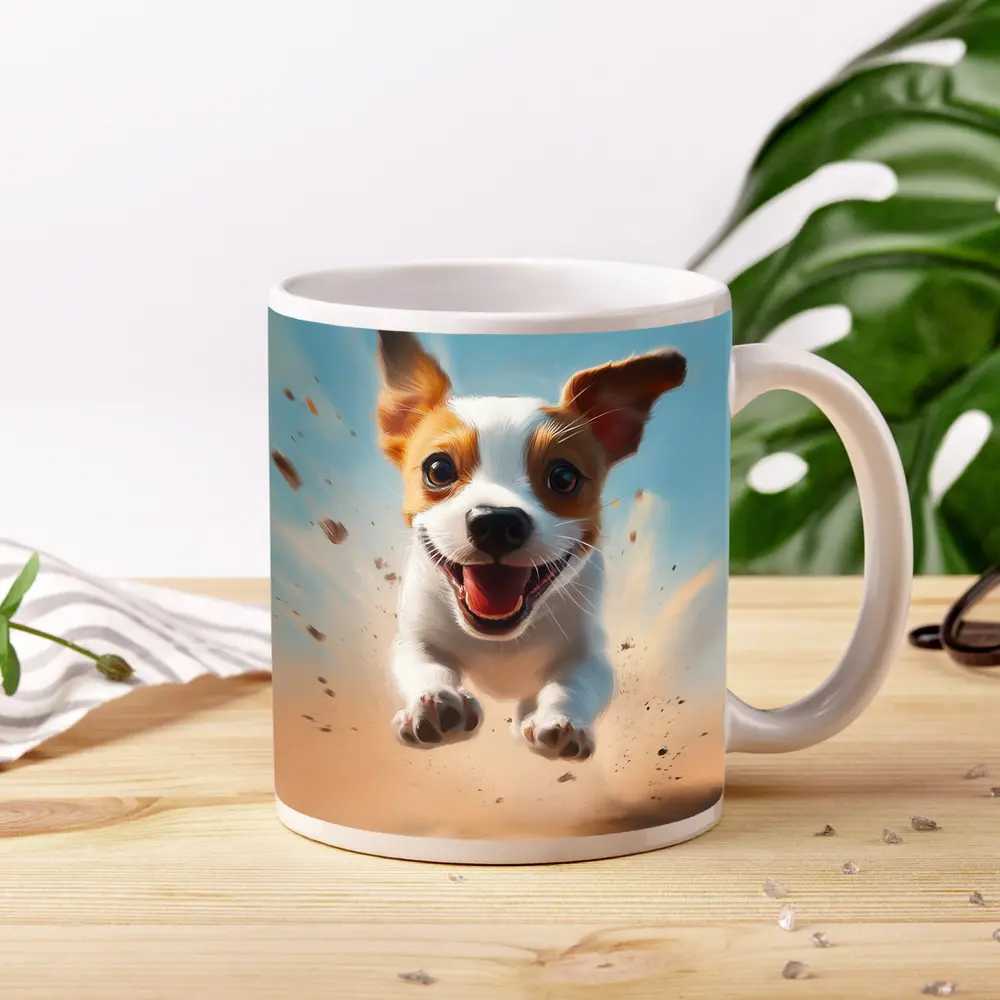 Jack Russell Puppy Running Sandy Blue Sky – Mugs