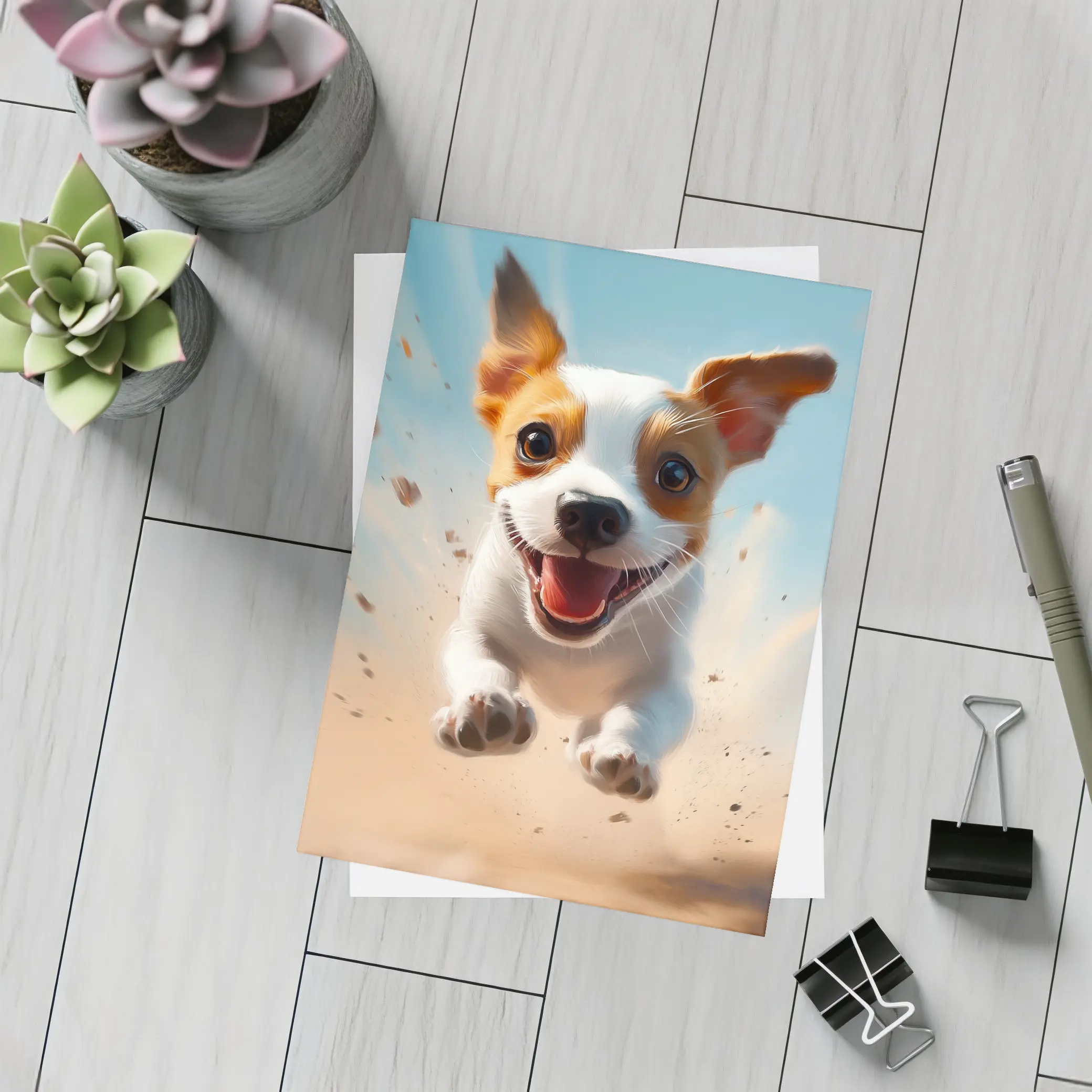 Jack Russell Puppy Running Sandy Blue Sky – Postcards