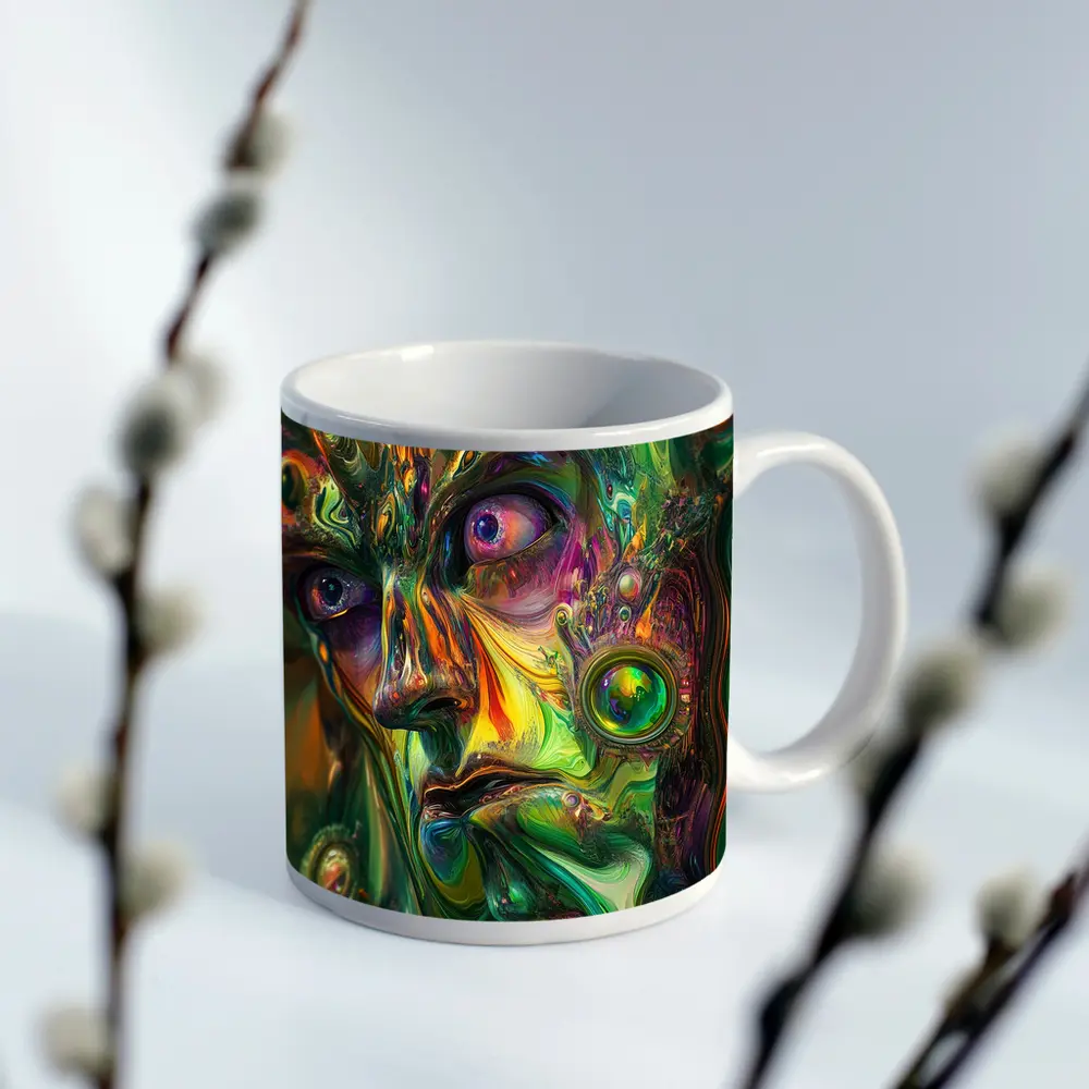 Psychedelic Abstract Face Green Swirling Art – Mugs