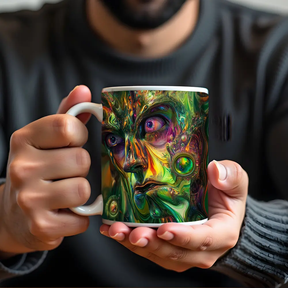 Psychedelic Abstract Face Green Swirling Art – Mugs