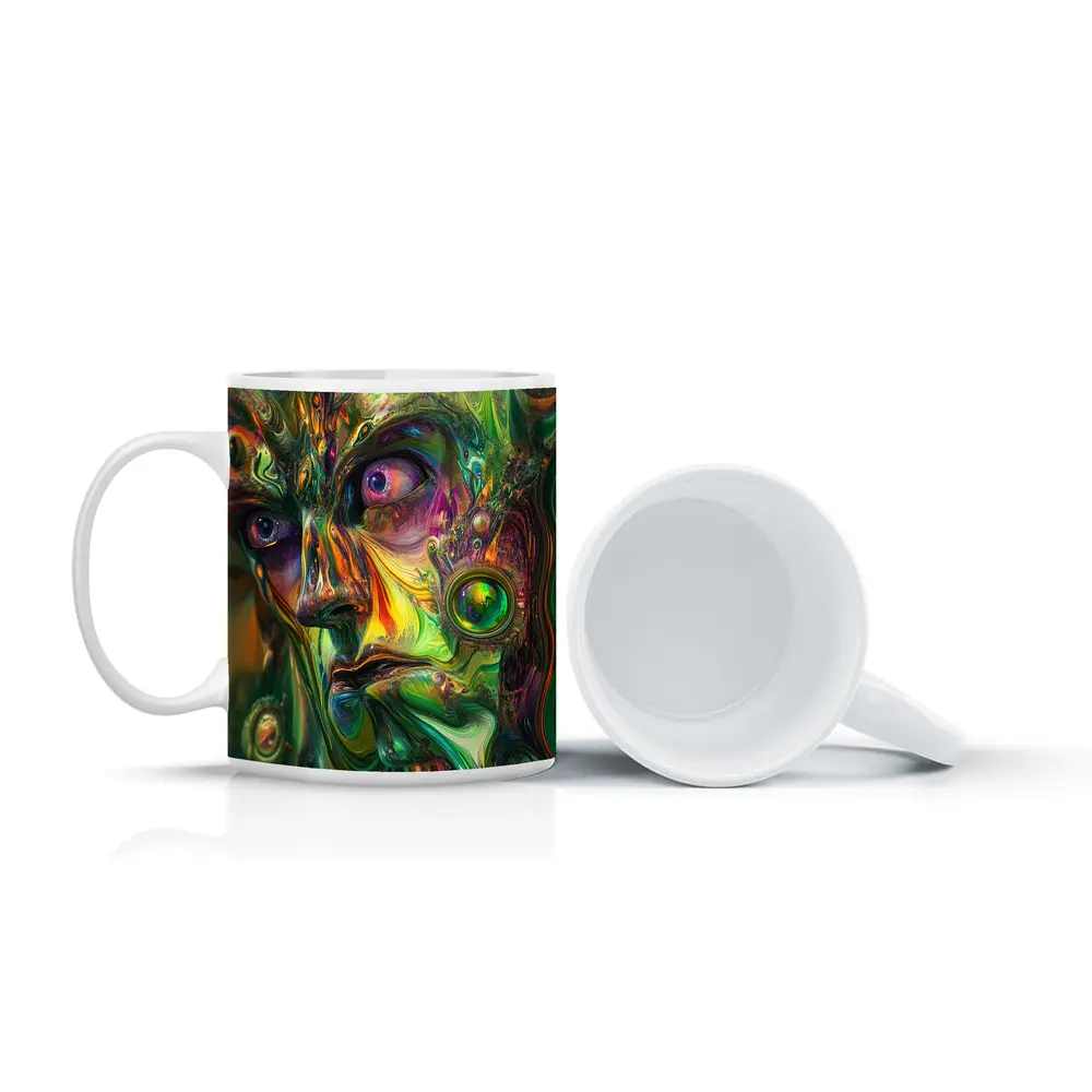 Psychedelic Abstract Face Green Swirling Art – Mugs