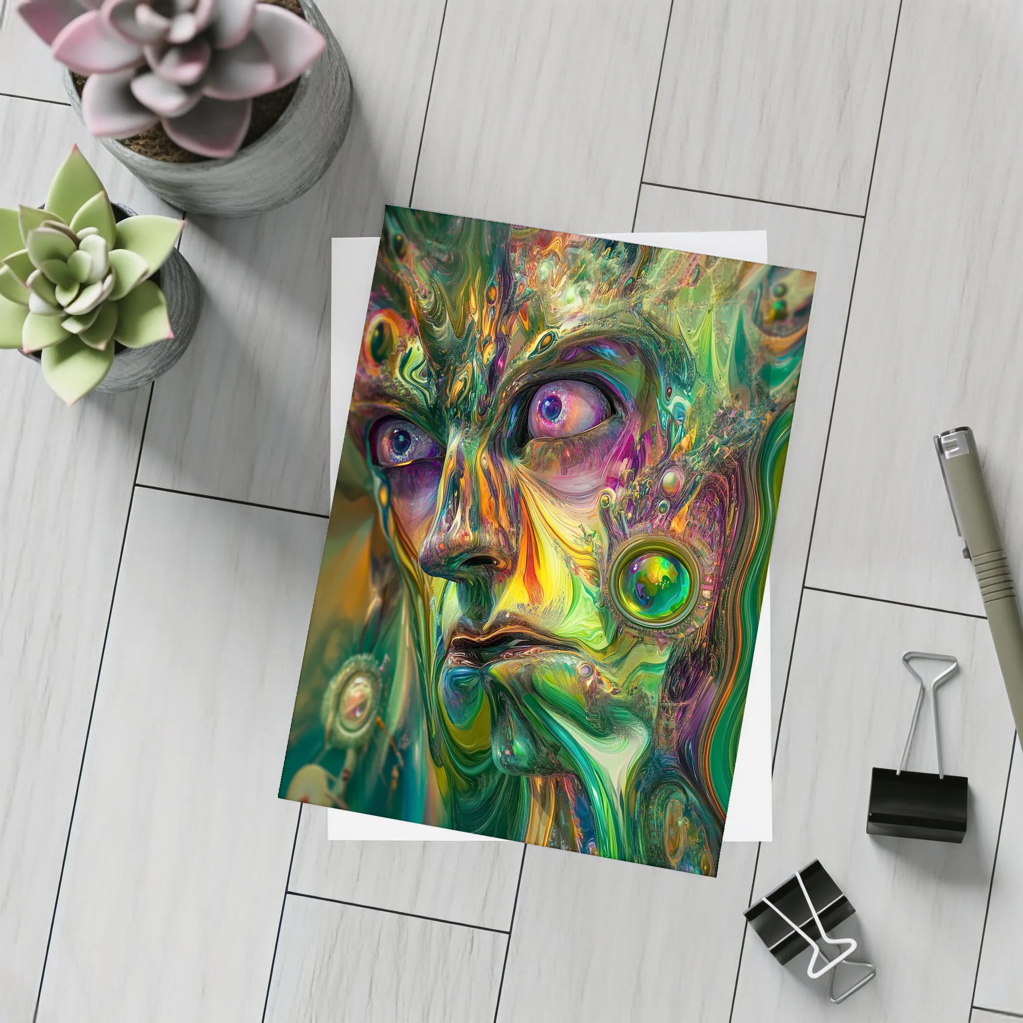 Psychedelic Abstract Face Green Swirling Art – Postcards