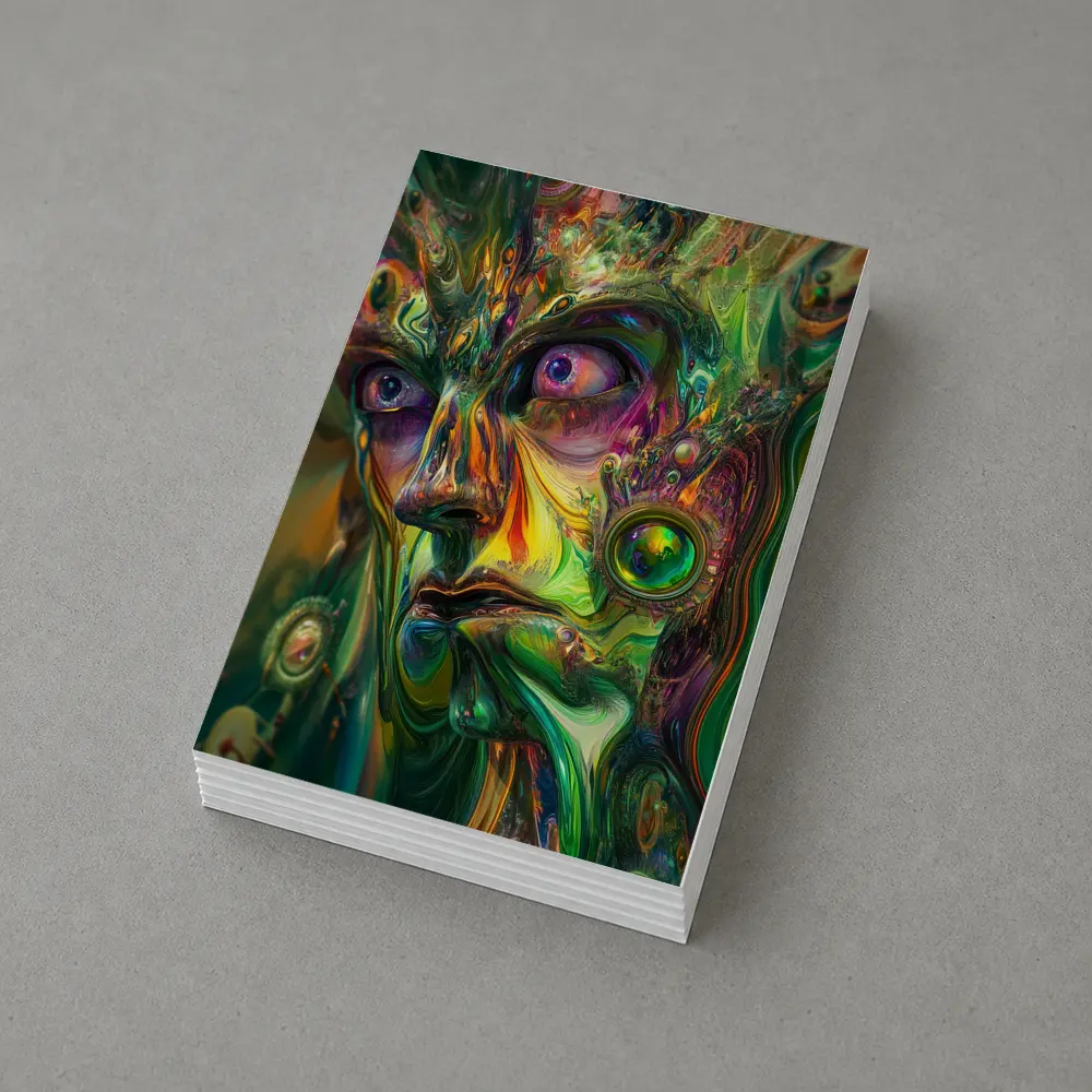Psychedelic Abstract Face Green Swirling Art – Postcards