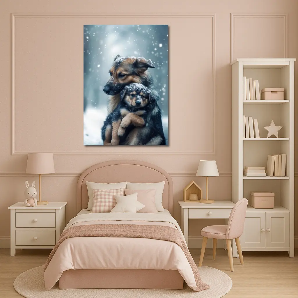 German Shepherd Hugging Puppy In Snow – Wall Art
