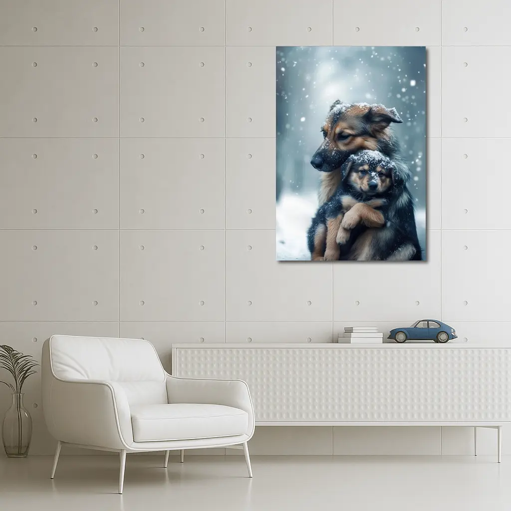 German Shepherd Hugging Puppy In Snow – Wall Art