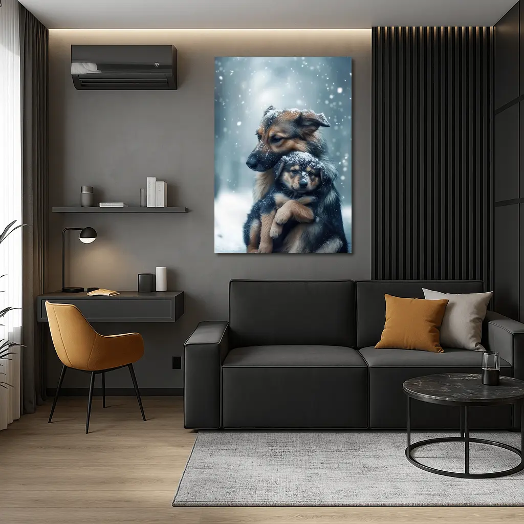 German Shepherd Hugging Puppy In Snow – Wall Art