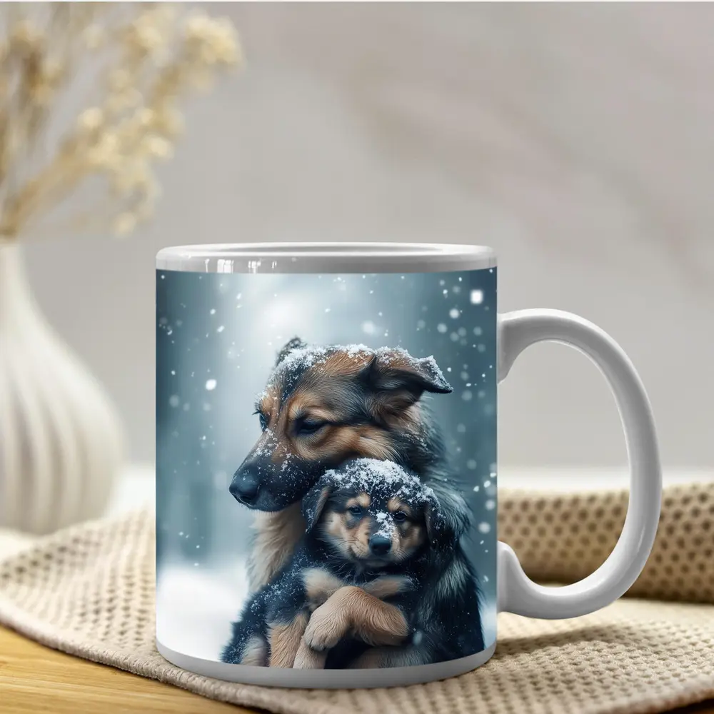 German Shepherd Hugging Puppy In Snow – Mugs