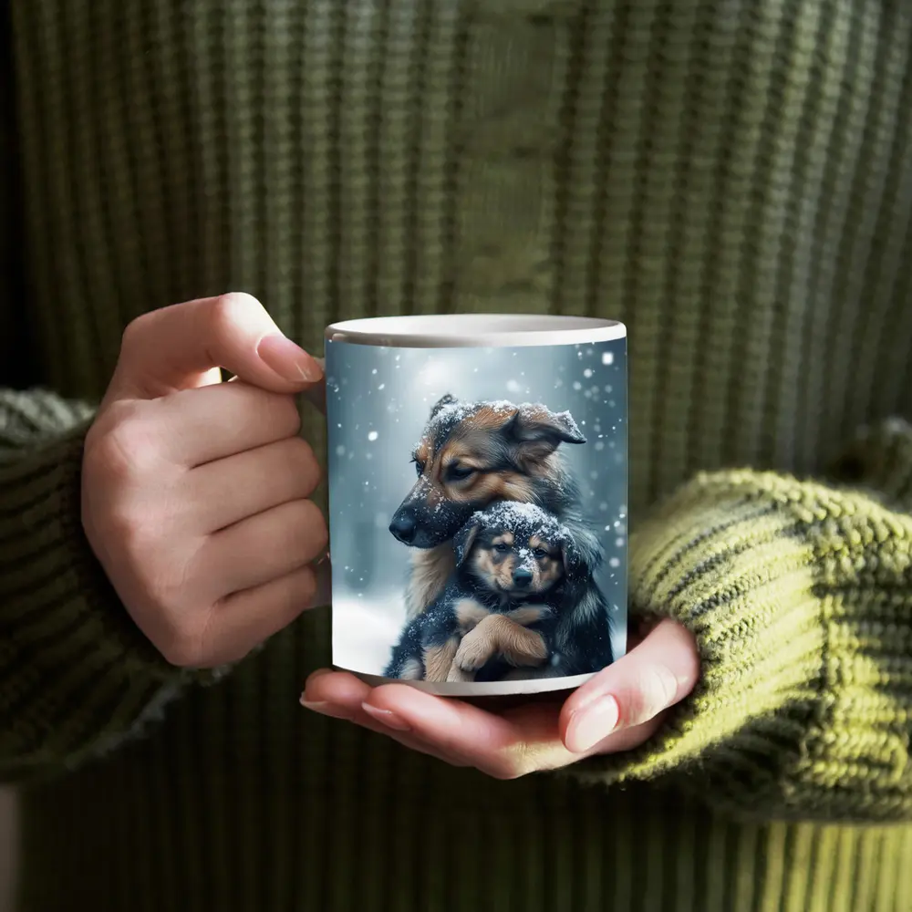 German Shepherd Hugging Puppy In Snow – Mugs