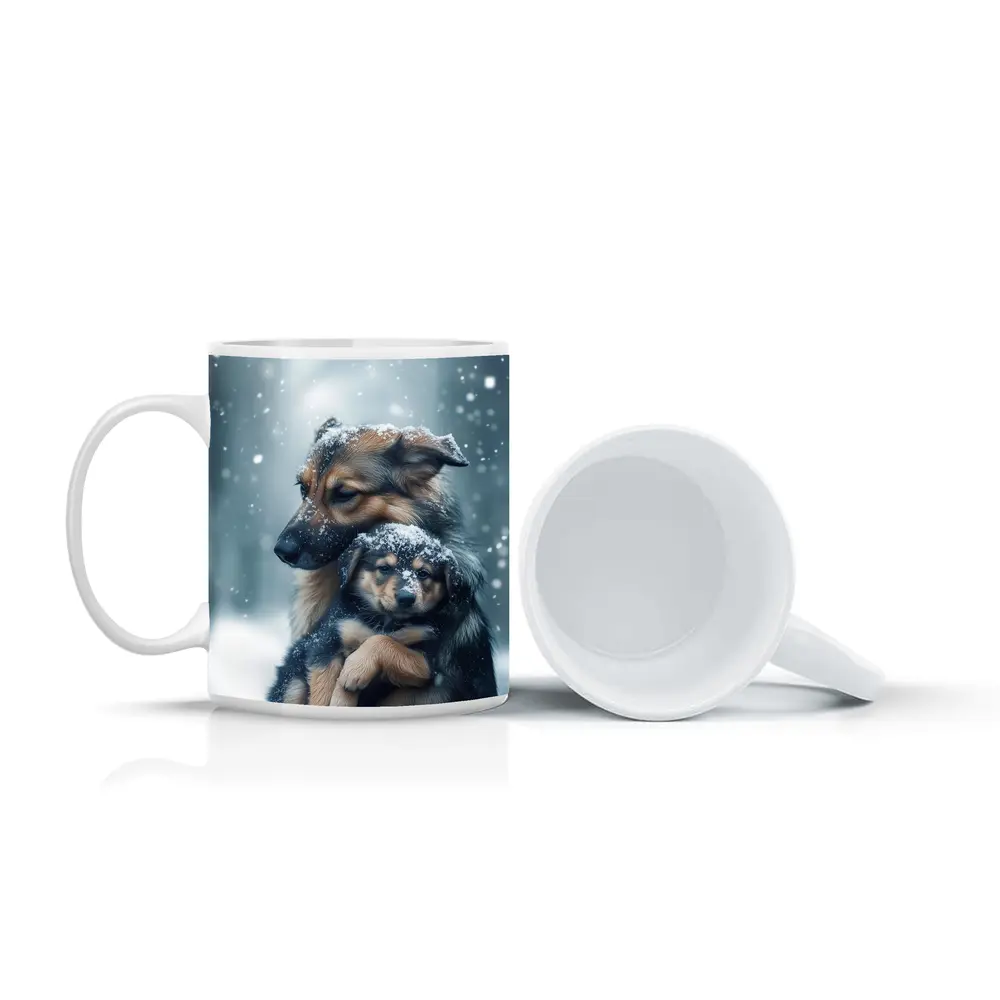 German Shepherd Hugging Puppy In Snow – Mugs