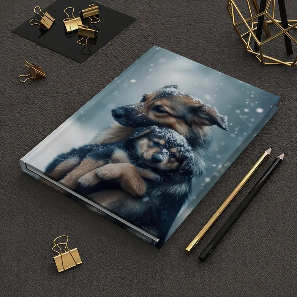 German Shepherd Hugging Puppy In Snow – Notebooks