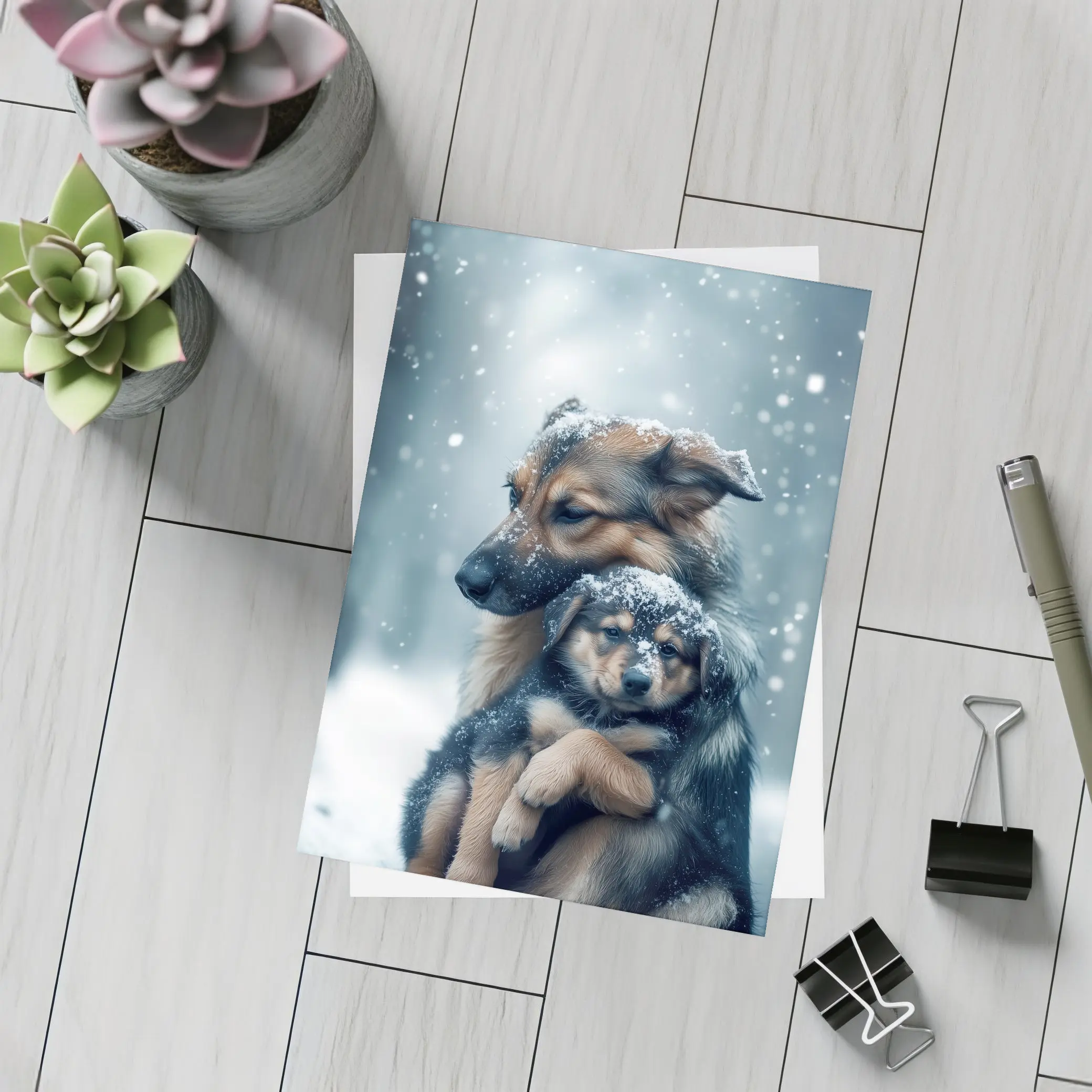 German Shepherd Hugging Puppy In Snow – Postcards