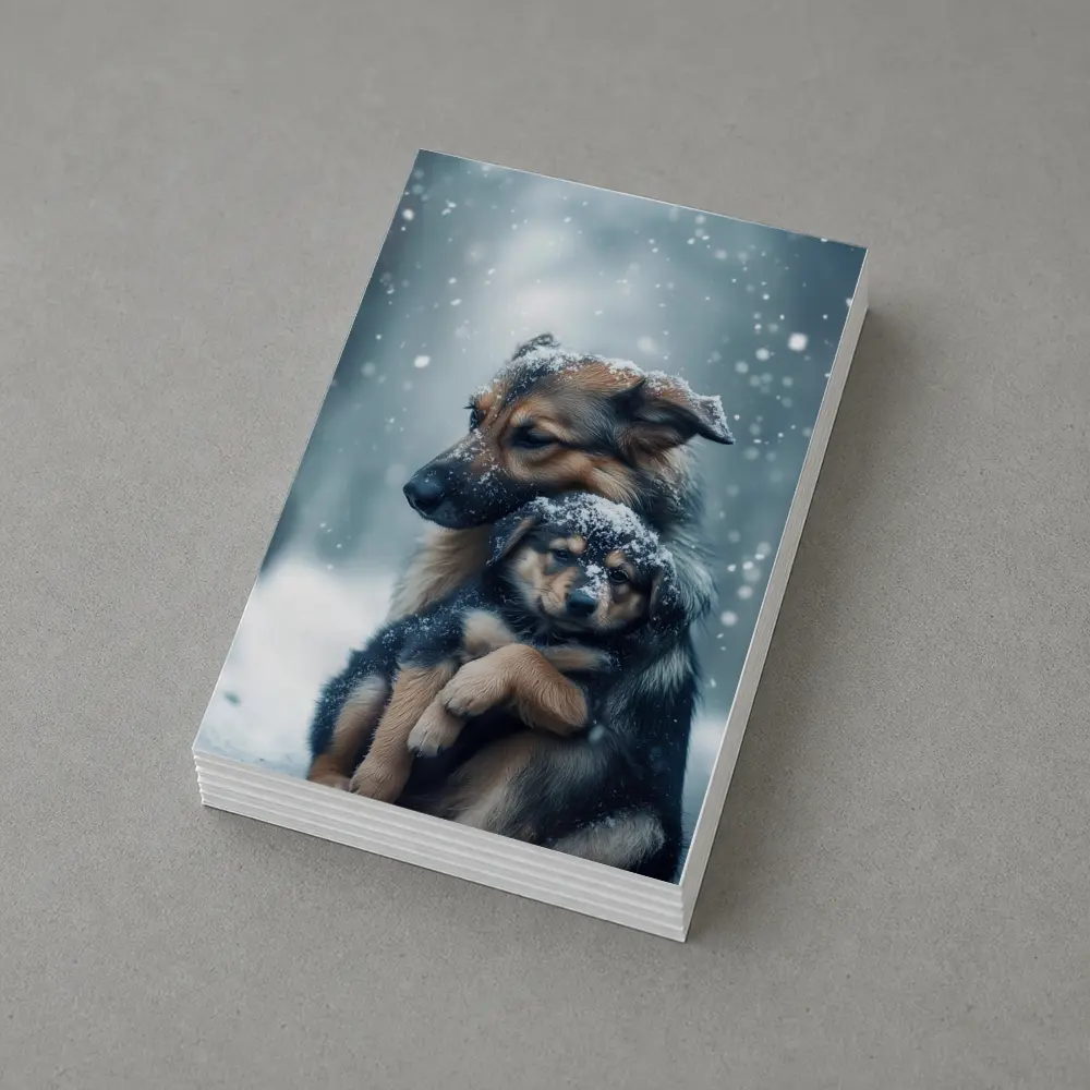 German Shepherd Hugging Puppy In Snow – Postcards