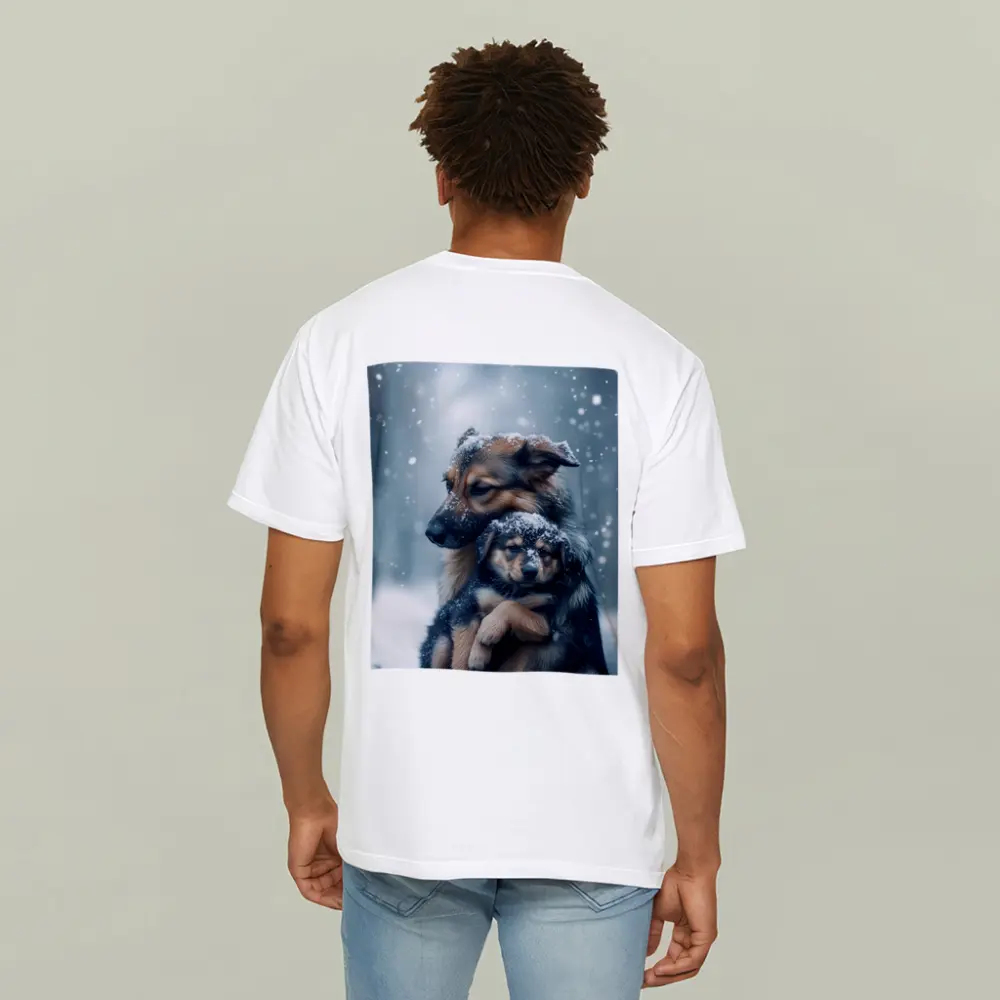 German Shepherd Hugging Puppy In Snow – T-Shirts
