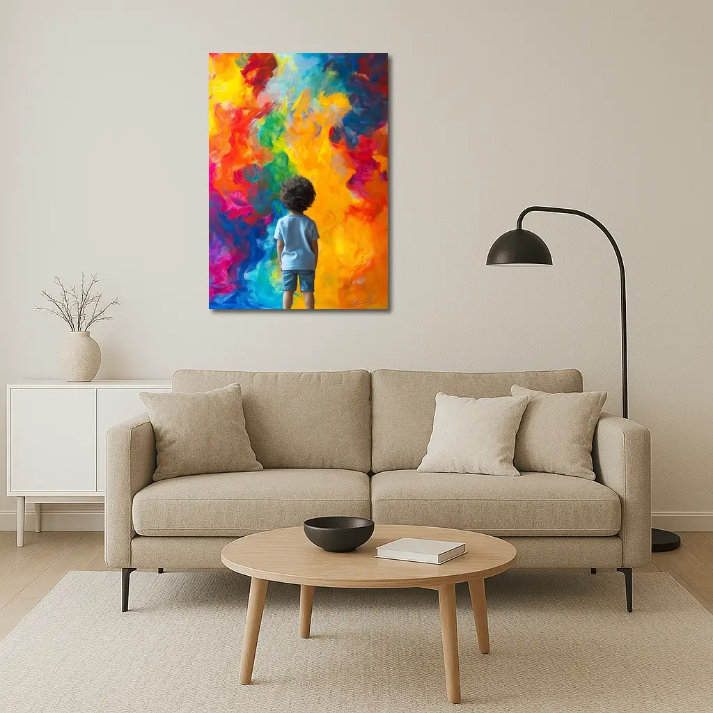 Child Standing Before Colorful Abstract Painting – Wall Art
