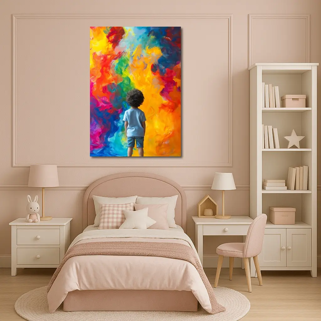 Child Standing Before Colorful Abstract Painting – Wall Art