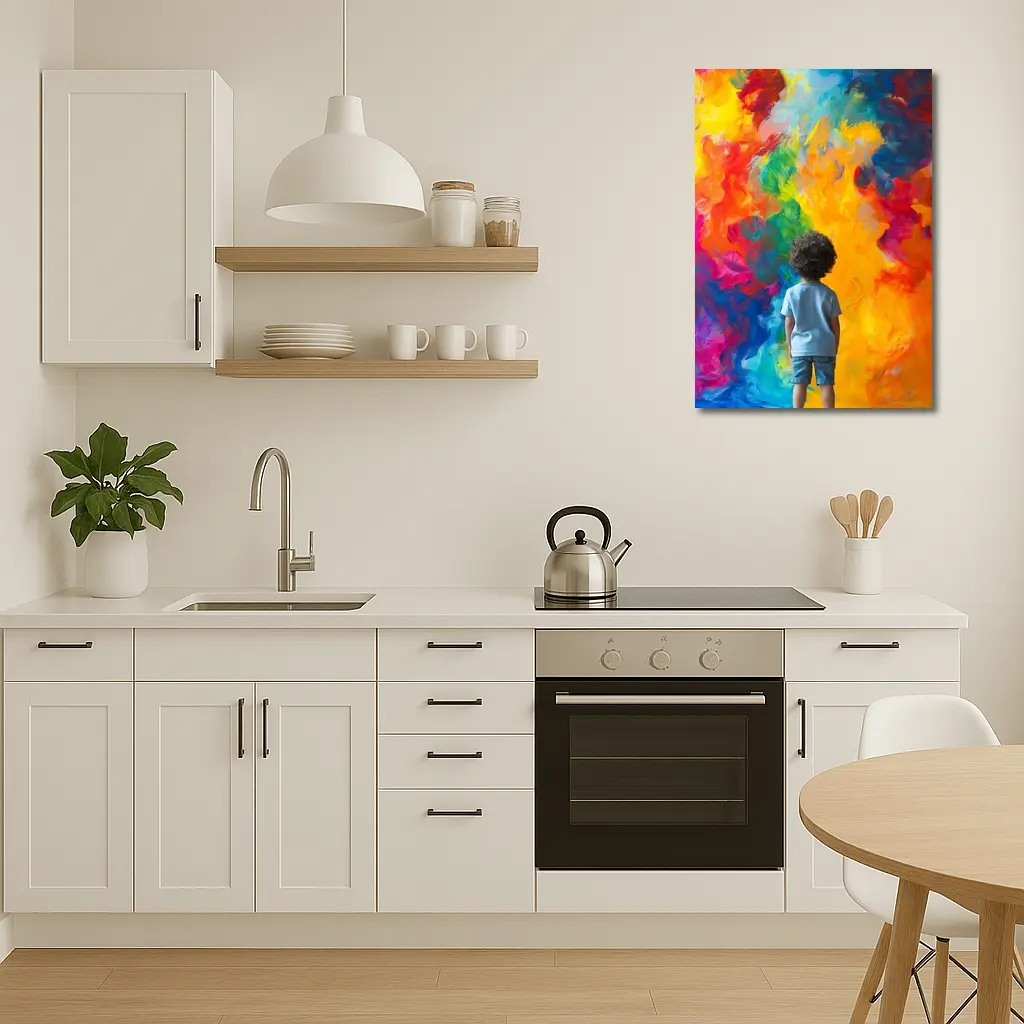Child Standing Before Colorful Abstract Painting – Wall Art