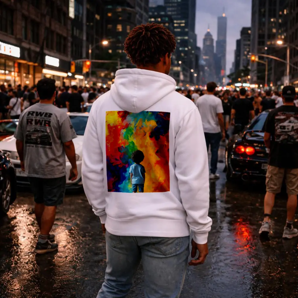 Child Standing Before Colorful Abstract Painting – Hoodies