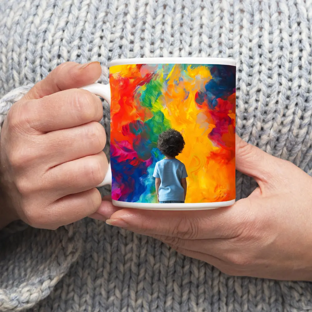 Child Standing Before Colorful Abstract Painting – Mugs