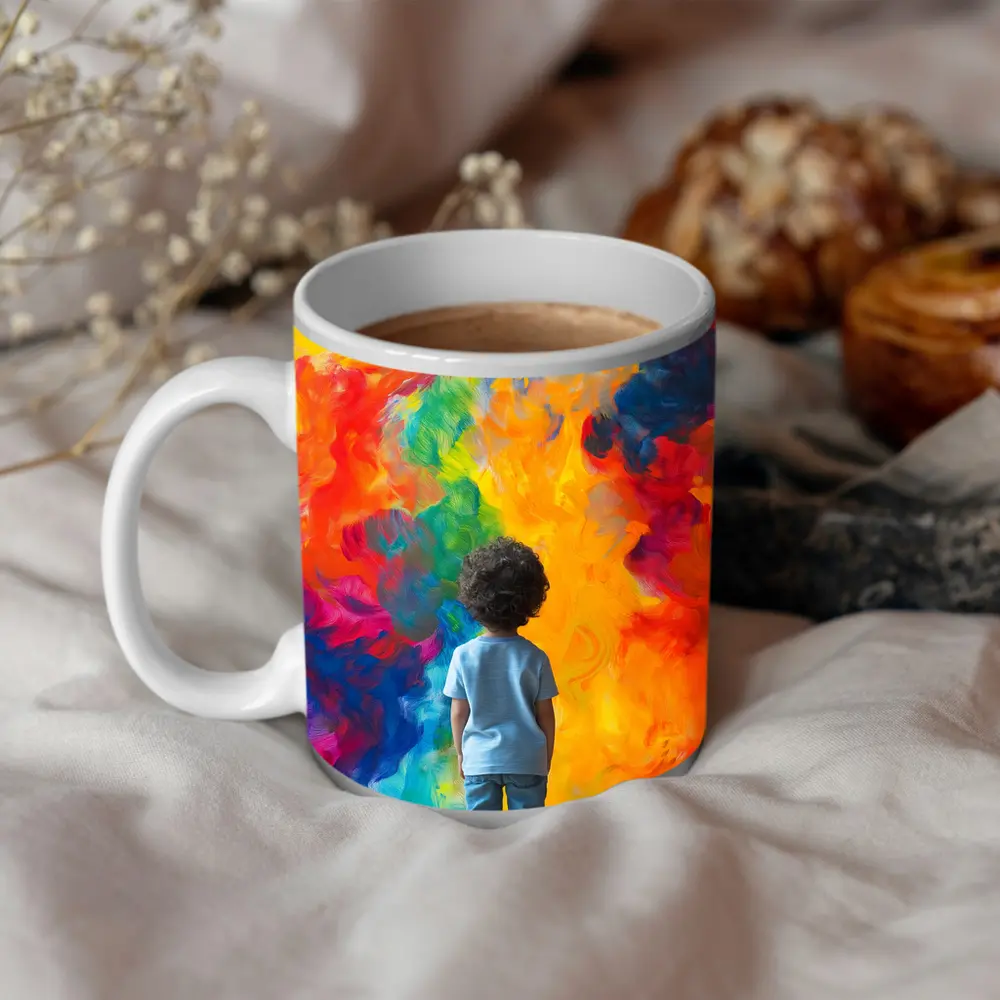 Child Standing Before Colorful Abstract Painting – Mugs