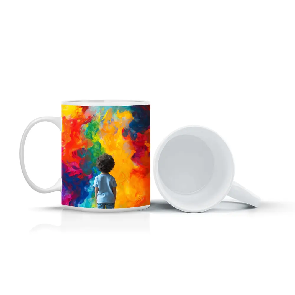 Child Standing Before Colorful Abstract Painting – Mugs