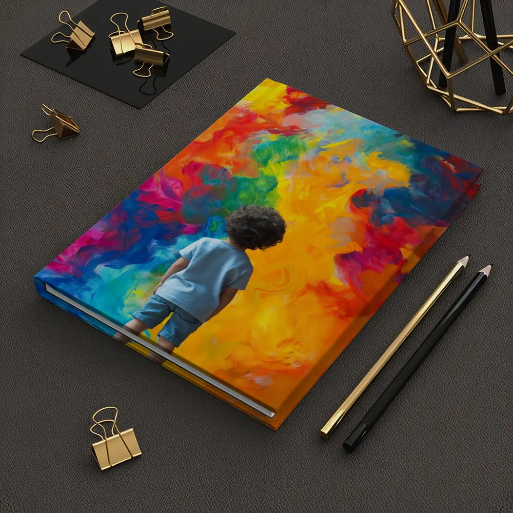 Child Standing Before Colorful Abstract Painting – Notebooks