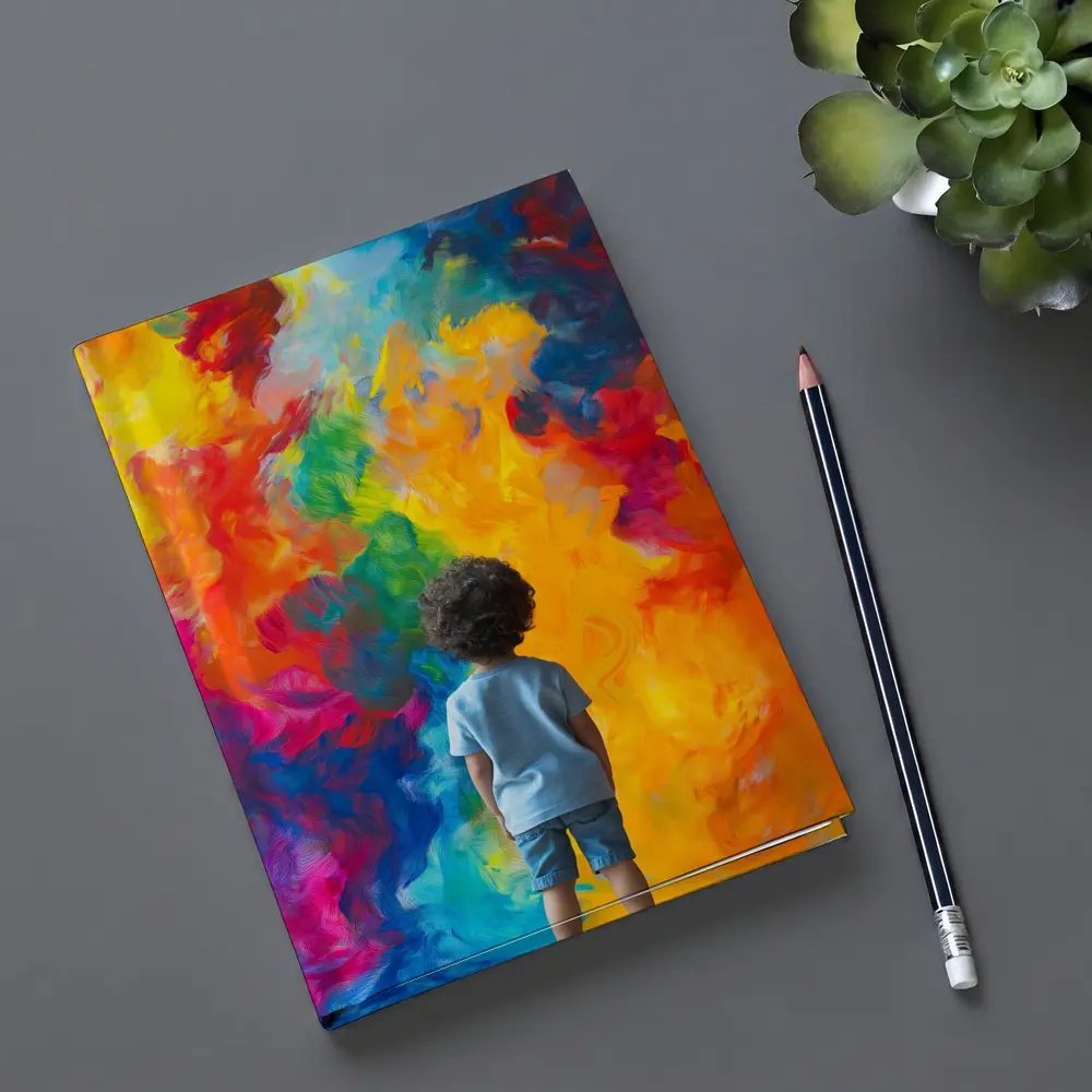 Child Standing Before Colorful Abstract Painting – Notebooks